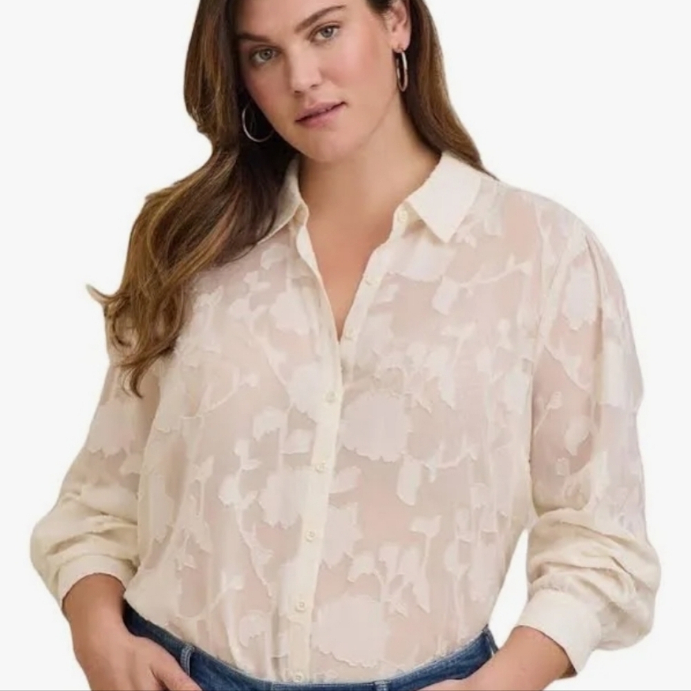 Torrid Ivory long sleeve floral mesh blouse